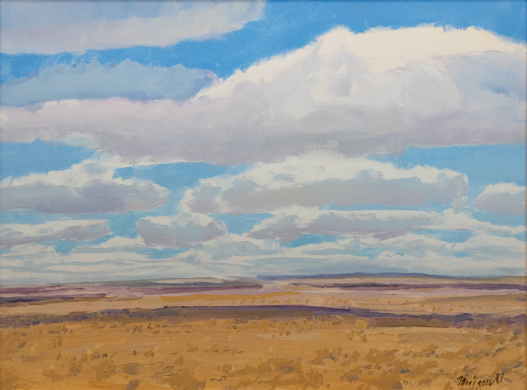 Brightly painted landscape with big clouds in a blue sky above a tan and grassy landscape.